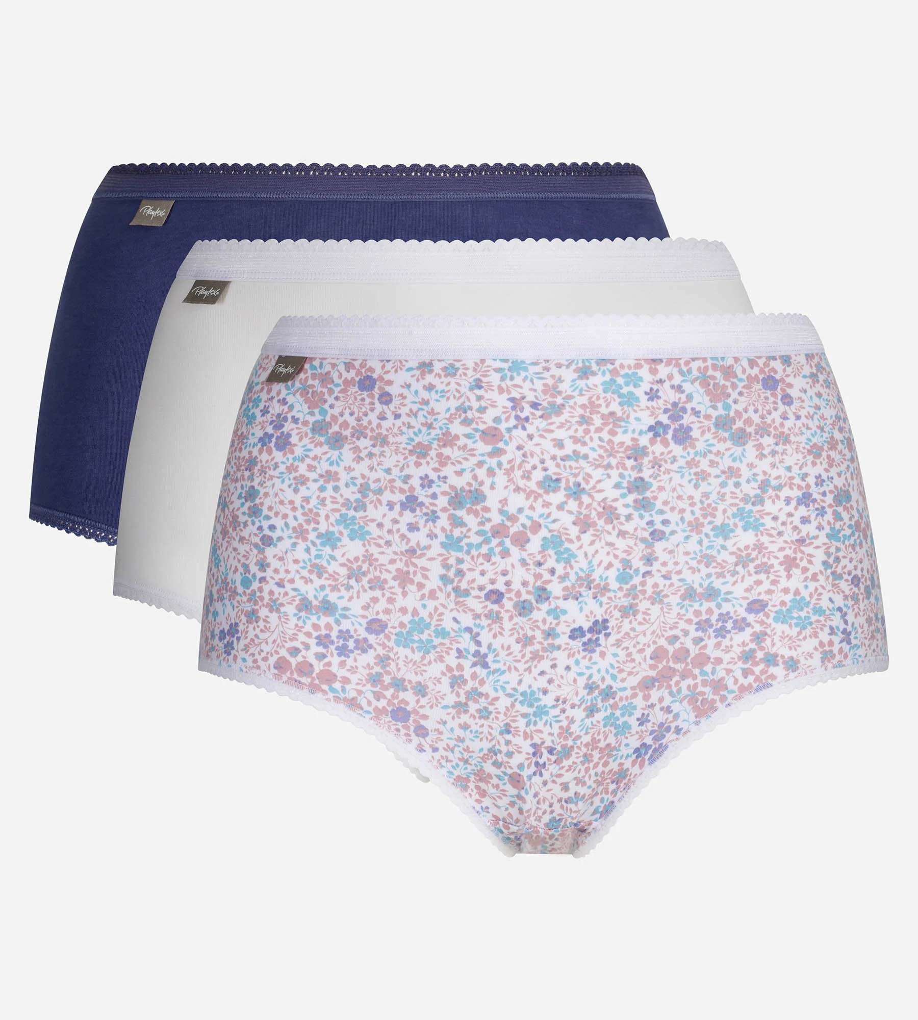 Lot de 3 culottes taille haute bleu cobalt, blanc et imprimé fleuri pastel Cotton Stretch - Image 5